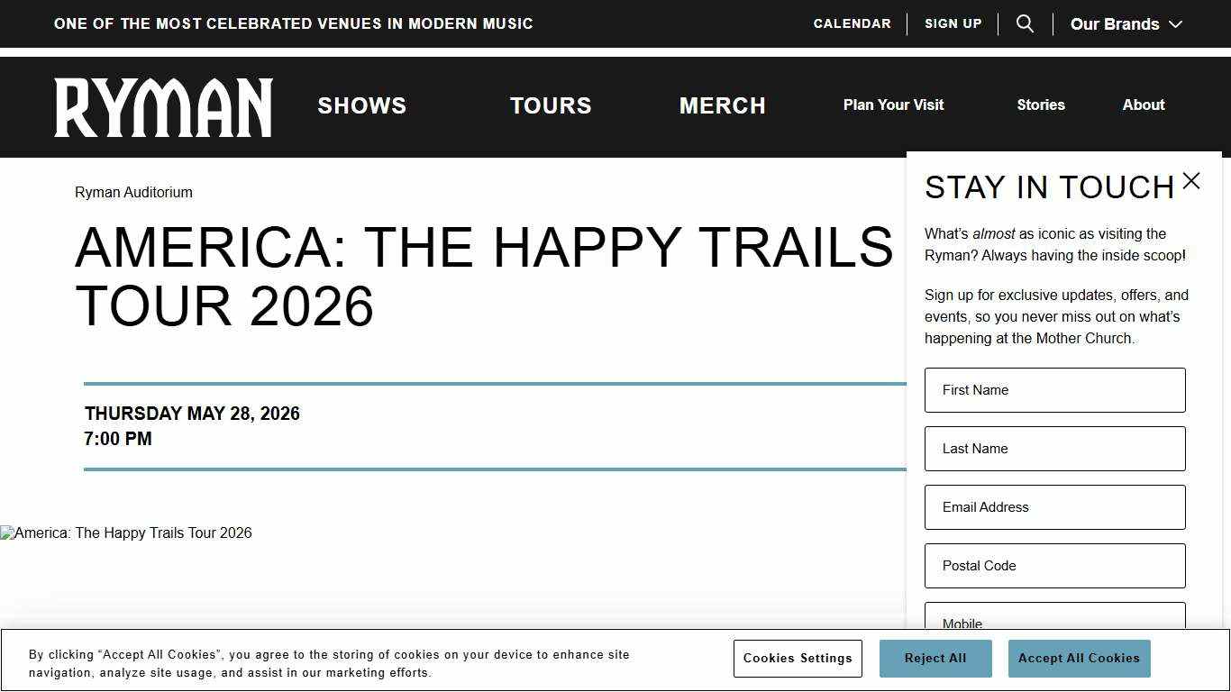 America: The Happy Trails Tour 2026 - Ryman Auditorium